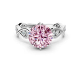 Silver Fancy Pink Round  Solitaire Twist Band with Leaf Prong Setting 1