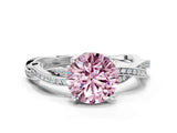 Silver Fancy Pink Round  Solitaire Twisted Pave Diamond Ring with Four-Prong Setting