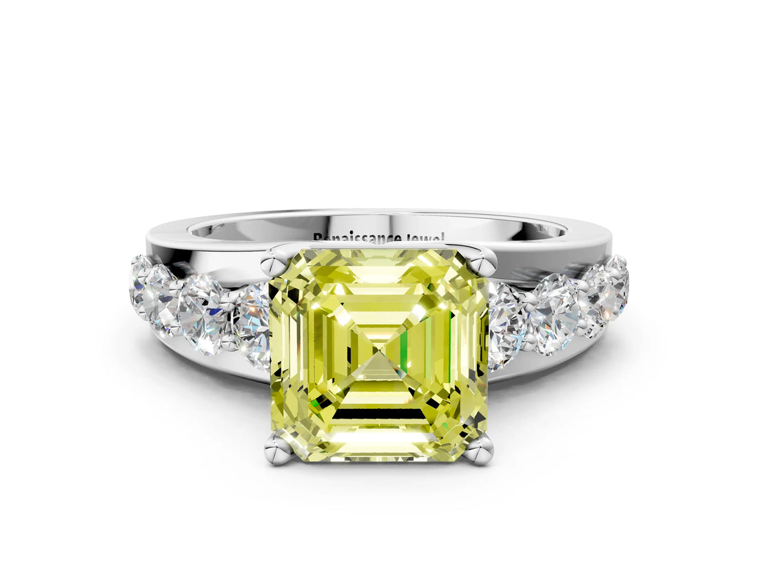 Silver Fancy Yellow Asscher  Brilliant Solitaire with Side Stones on a Pave Band and Four-Prong Setting_12