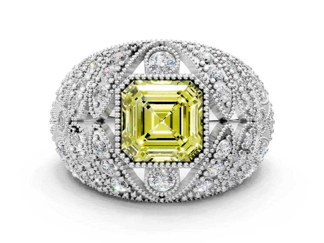 Silver Fancy Yellow Asscher Cut Brilliant Halo Pave Diamond Milgrain Ring_6