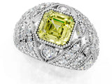 Silver Fancy Yellow Asscher Cut Brilliant Halo Pave Diamond Milgrain Ring_7