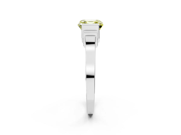 Silver Fancy Yellow Asscher Cut Brilliant Solitaire Diamond Ring with Channel Set Band and Bar Prong Setting