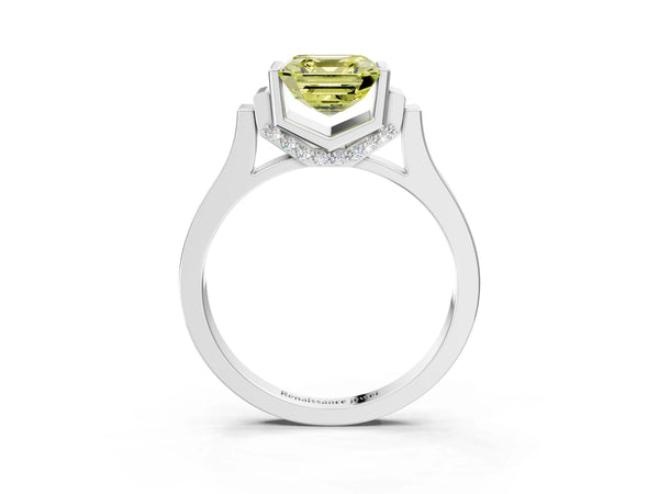 Silver Fancy Yellow Asscher Cut Brilliant Solitaire Diamond Ring with Channel Set Band and Bar Prong Setting