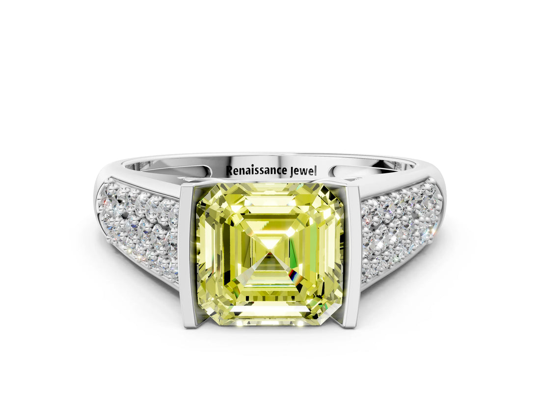 Silver Fancy Yellow Asscher Cut Cut Diamond Channel Set Pave Band with Tension Prong Setting_6