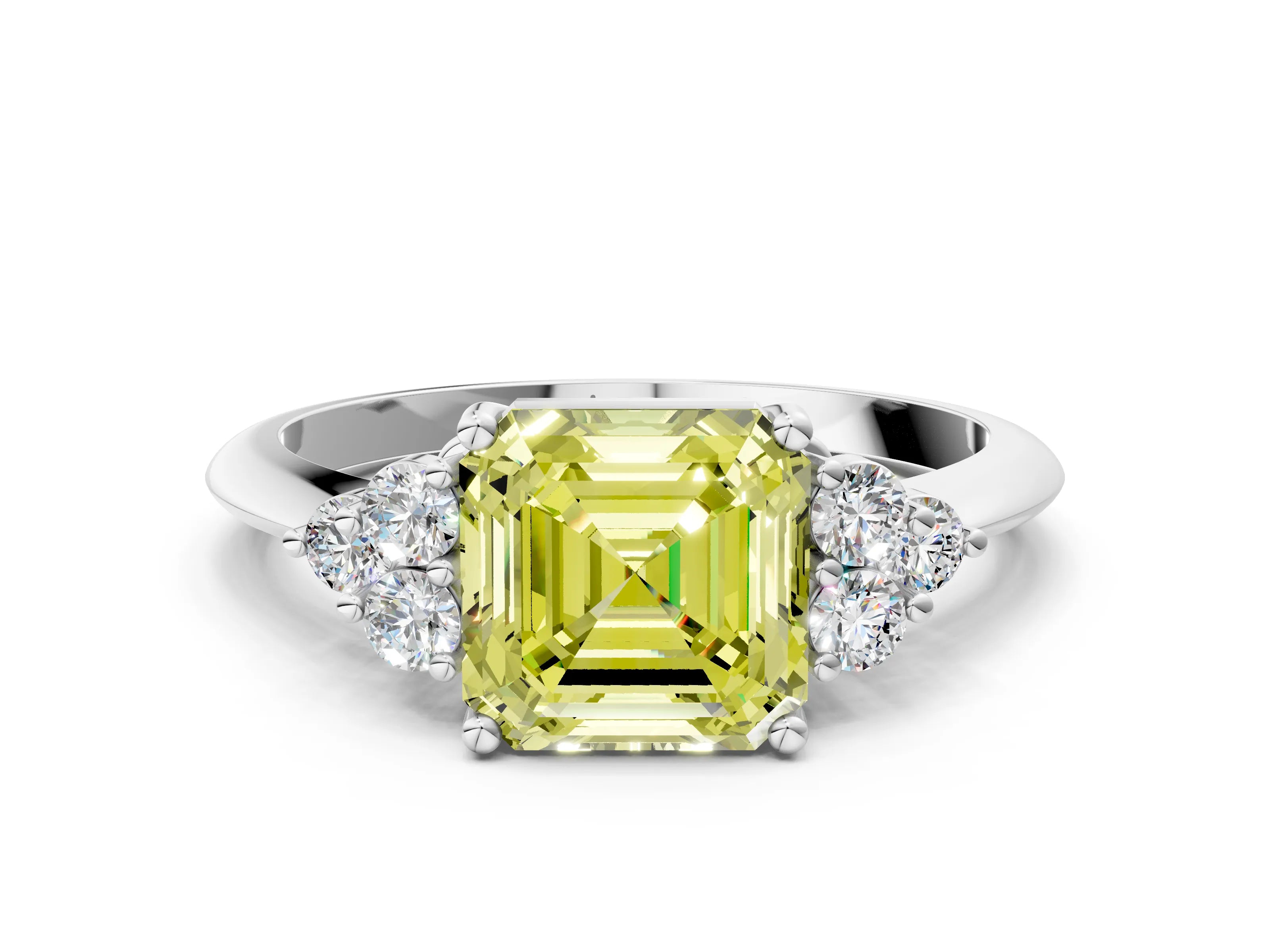 Silver Fancy Yellow Asscher Cut Cut Diamond Cluster Ring with Solitaire Band and Four-Prong Setting_25