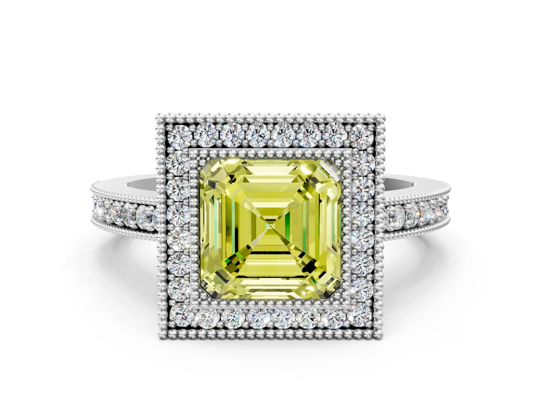Silver Fancy Yellow Asscher Cut-Cut Diamond Halo Engagement Ring with Pave Band and Prong Setting_6
