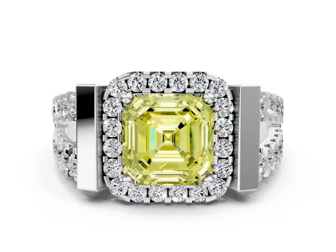 Silver Fancy Yellow Asscher Cut Cut Halo Split Shank Prong Set Ring_6