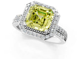 Silver Fancy Yellow Asscher Cut Diamond Double Halo Ring with Split Shank and Four-Prong Setting_7