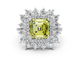 Silver Fancy Yellow Asscher Cut Diamond Floral Double Halo Engagement Ring with Prong Setting_12