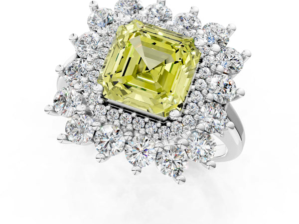 Sterling Silver Asscher Cut Floral Double Halo Engagement Ring Setting for Fancy Yellow Center