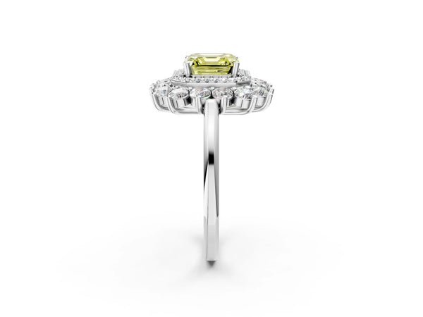 Sterling Silver Asscher Cut Floral Double Halo Engagement Ring Setting for Fancy Yellow Center