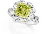 Silver Fancy Yellow Asscher  Cut Diamond Floral Halo Engagement Ring with Shared Prong Setting 1