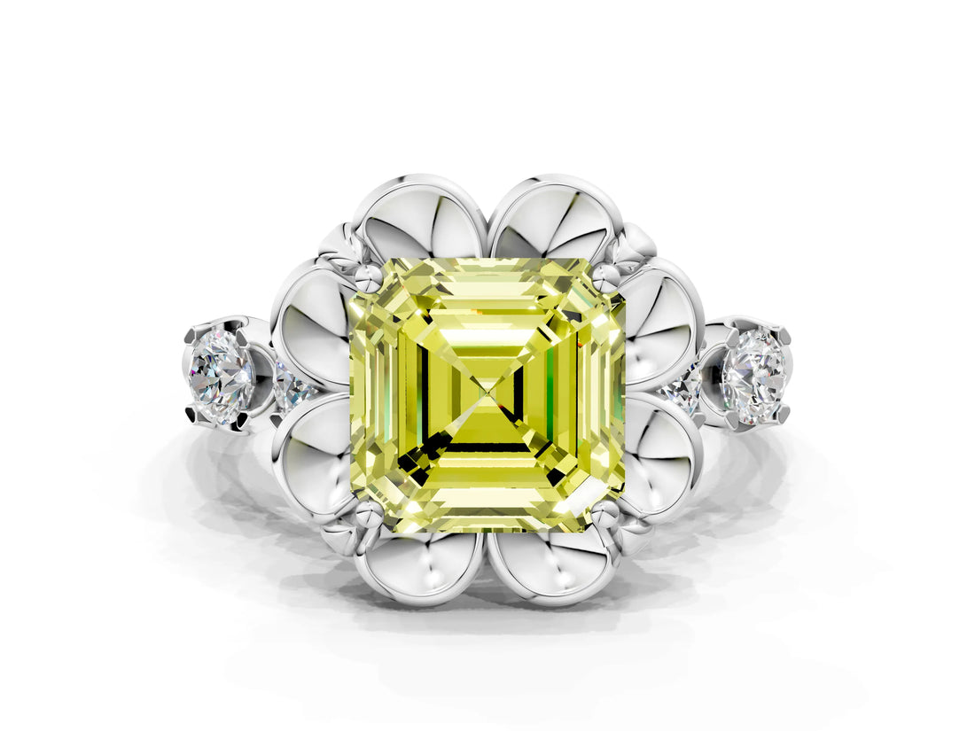 Silver Fancy Yellow Asscher  Cut Diamond Floral Halo Engagement Ring with Shared Prong Setting