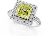 Silver Fancy Yellow Asscher Cut Diamond Halo Ring with Pavé Band and Prong Setting_21