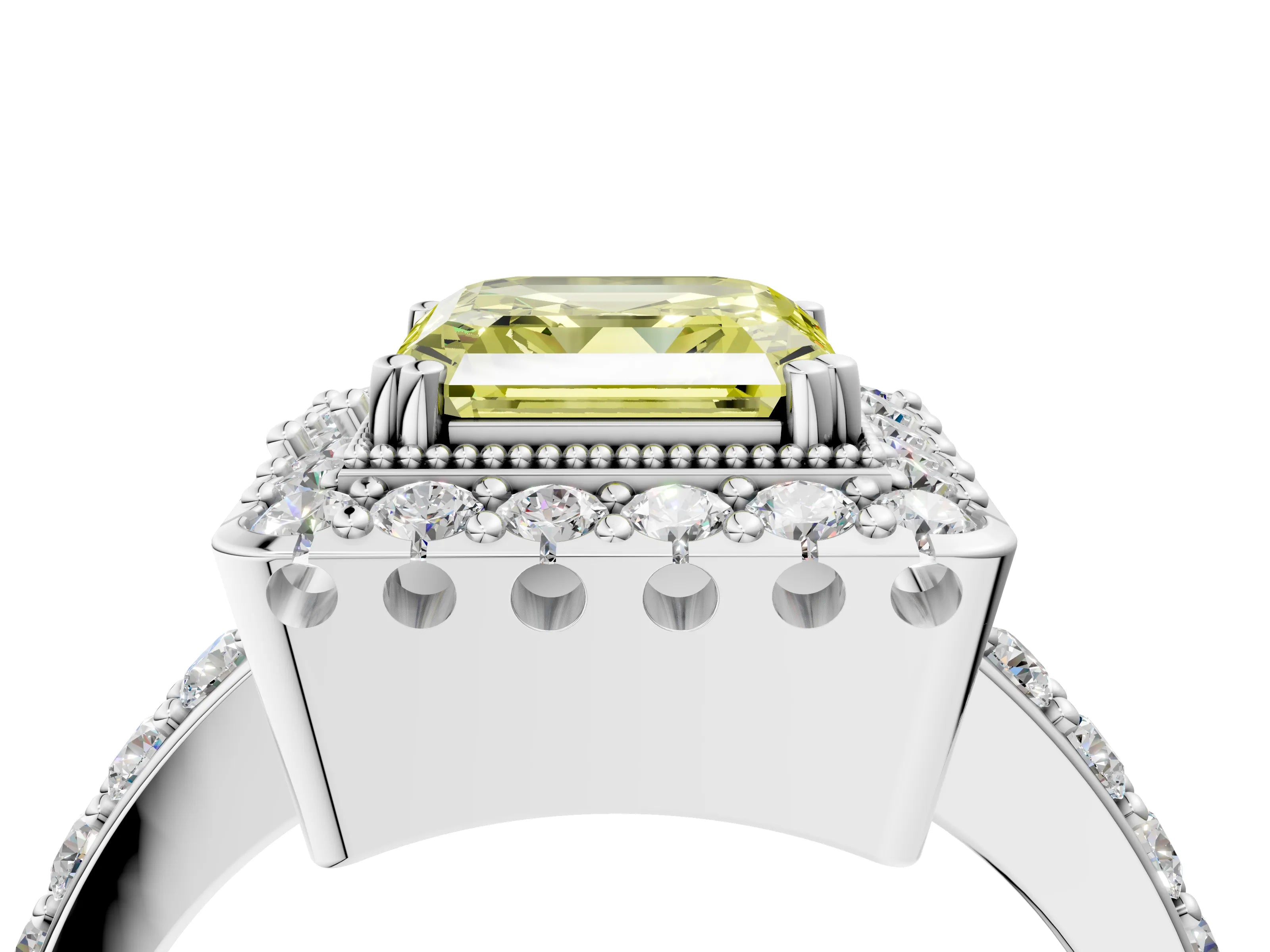 Silver Fancy Yellow Asscher Cut Diamond Halo Ring with Pavé Band and Prong Setting_24