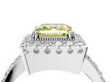 Silver Fancy Yellow Asscher Cut Diamond Halo Ring with Pavé Band and Prong Setting_24