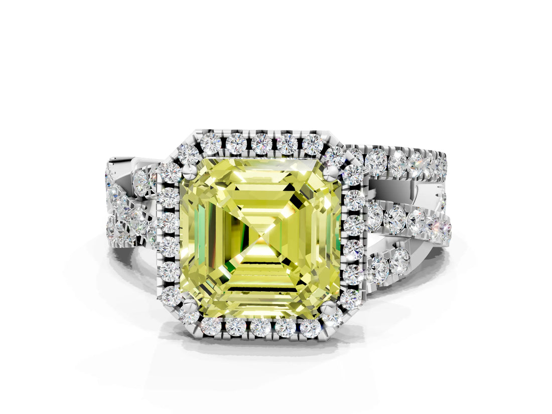 Silver Fancy Yellow Asscher Cut Diamond Halo Ring with Round Split Shank and Prong Setting