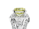 Silver Fancy Yellow Asscher Cut Diamond Halo Ring with Split Shank and Bezel Accents and Four-Prong Setting_11