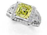 Silver Fancy Yellow Asscher Cut Diamond Halo Ring with Split Shank and Bezel Accents and Four-Prong Setting_7