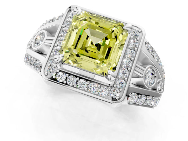 Sterling Silver Asscher Cut Hidden Halo Split Shank Engagement Ring Setting for Fancy Yellow Center