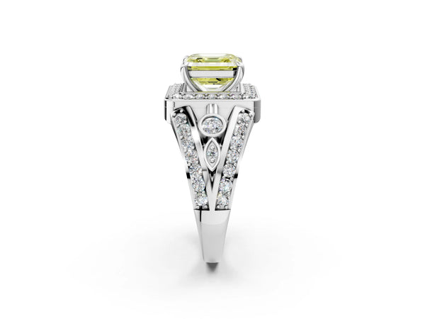 Sterling Silver Asscher Cut Hidden Halo Split Shank Engagement Ring Setting for Fancy Yellow Center