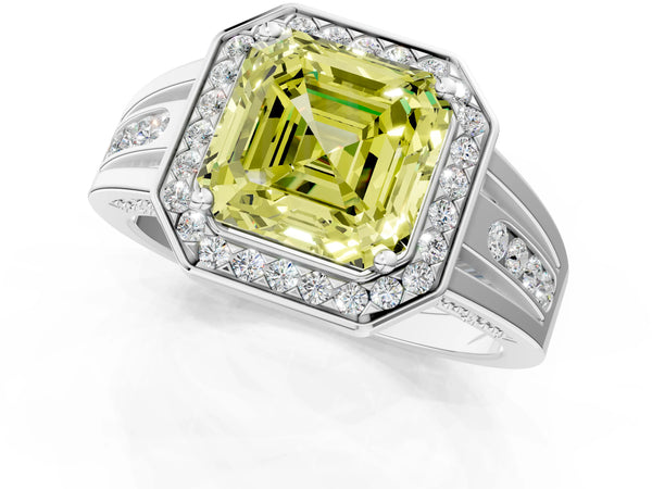 Sterling Silver Asscher Cut Channel Set Halo Engagement Ring Setting for Fancy Yellow Center