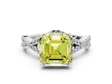 Silver Fancy Yellow Asscher Cut Diamond  Halo Twist Band Solitaire Prong Setting Ring_12
