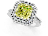 Silver Fancy Yellow Asscher Cut Diamond Milgrain Halo Engagement Ring with Round Pavé Band and Prong Setting_13