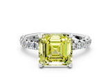 Silver Fancy Yellow Asscher Cut Diamond Pavé Solitaire Ring with Round Band and Prong Setting