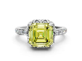 Silver Fancy Yellow Asscher Cut Diamond Scalloped Halo Engagement Ring with Round Shared Prong Band