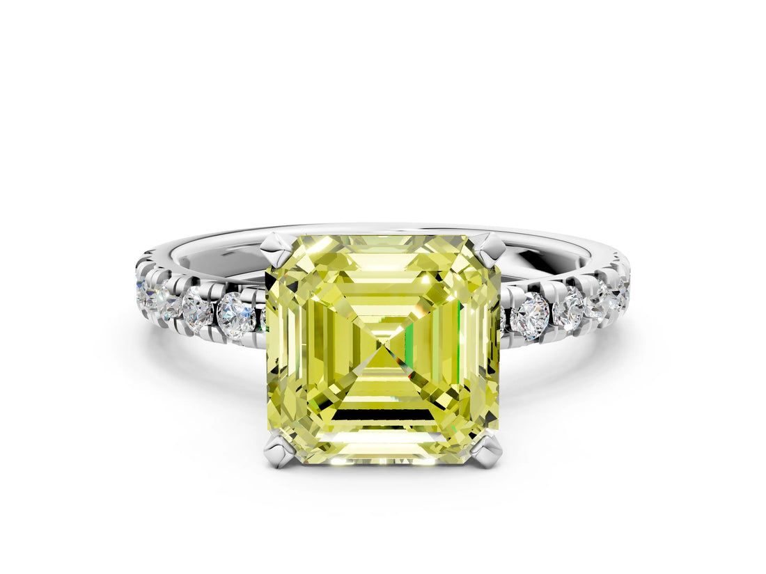 Silver Fancy Yellow Asscher Cut Diamond Solitaire Pavé Engagement Ring with Round Band and Prong Setting