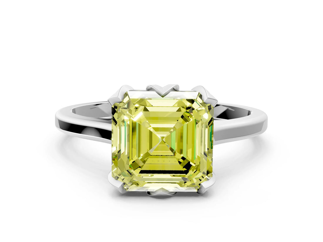 Silver Fancy Yellow Asscher Cut Diamond Solitaire Ring with Flower Prong Setting and Classic Band