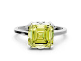 Silver Fancy Yellow Asscher Cut Diamond Solitaire Ring with Flower Prong Setting and Classic Band