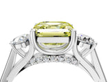 Silver Fancy Yellow Asscher Cut Diamond Three-Stone Engagement Ring with Prong Setting and Pavé Band_10