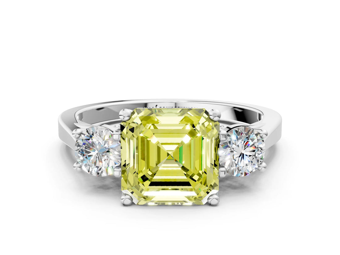 Silver Fancy Yellow Asscher Cut Diamond Three-Stone Engagement Ring with Prong Setting and Pavé Band_6