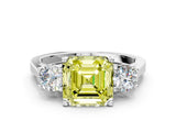Silver Fancy Yellow Asscher Cut Diamond Three-Stone Engagement Ring with Prong Setting and Pavé Band_6