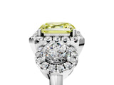 Silver Fancy Yellow Asscher Cut Diamond Three-Stone Halo Ring with Prong Setting and Pavé Accents_11