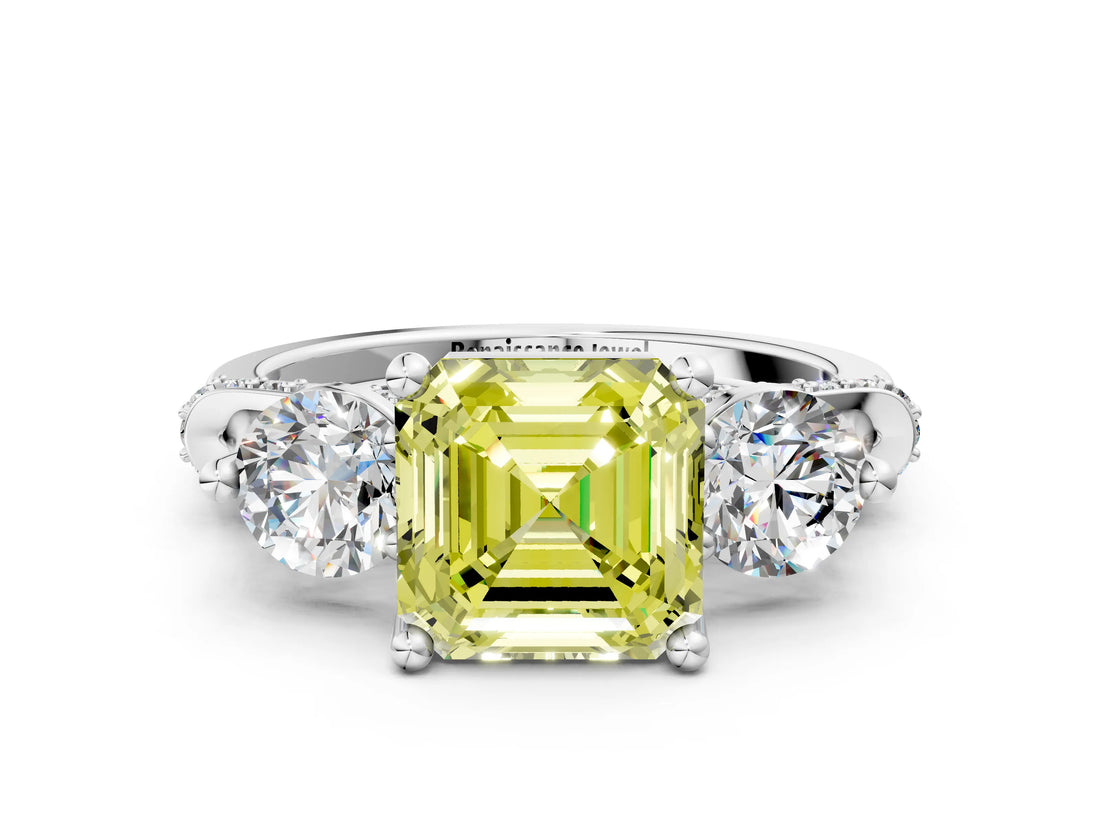 Silver Fancy Yellow Asscher Cut Diamond Three-Stone Ring with Prong Setting and Pavé Band_6