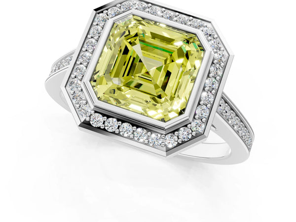 Silver Fancy Yellow Asscher Cut Halo Bezel Diamond Pave Band Ring