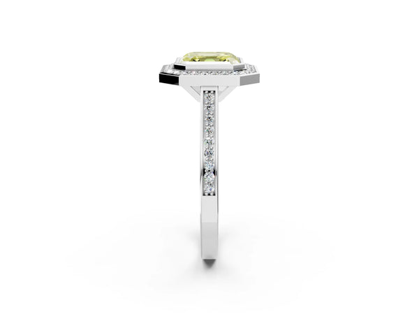 Silver Fancy Yellow Asscher Cut Halo Bezel Diamond Pave Band Ring