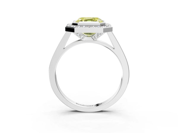 Silver Fancy Yellow Asscher Cut Halo Bezel Diamond Pave Band Ring
