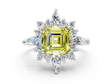 Silver Fancy Yellow Asscher Cut Halo Diamond Cluster Ring with Marquise and Round Stones on a White Gold Band with Prong Setting