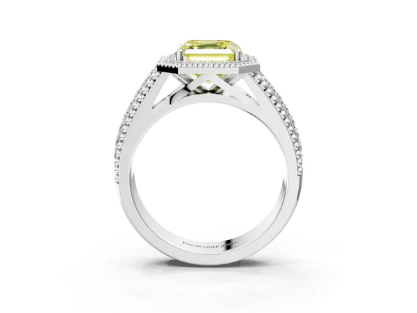 Sterling Silver Asscher Cut Beaded Halo Engagement Ring Setting for Fancy Yellow Center with Pave