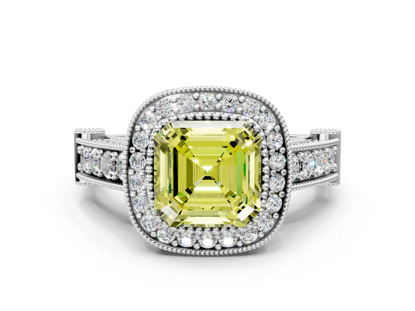 Sterling Silver Asscher Cut Vintage Bezel Halo Engagement Ring Setting for Fancy Yellow Center