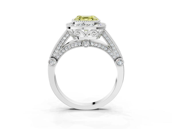 Sterling Silver Asscher Cut Vintage Bezel Halo Engagement Ring Setting for Fancy Yellow Center