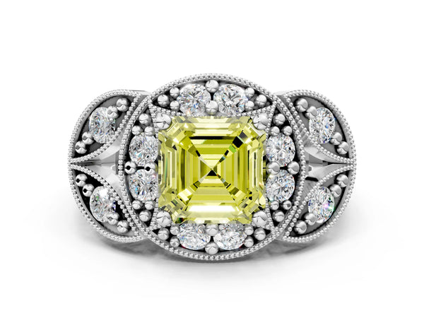 Silver Fancy Yellow Asscher Cut Halo Milgrain Diamond Engagement Ring with Leaf Band and Four-Prong Setting