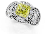 Silver Fancy Yellow Asscher Cut Halo Milgrain Diamond Engagement Ring with Leaf Band and Four-Prong Setting_7