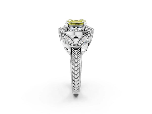 Silver Fancy Yellow Asscher Cut Halo Milgrain Diamond Engagement Ring with Leaf Band and Four-Prong Setting