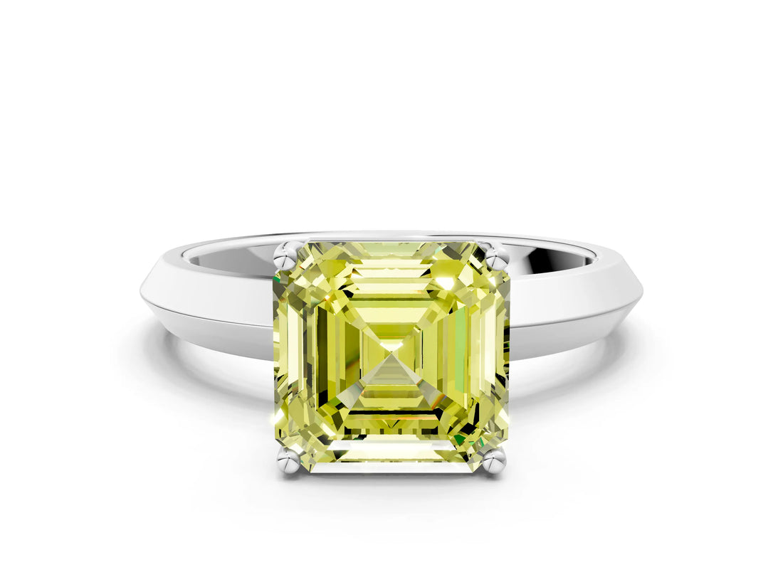 Silver Fancy Yellow Asscher  Cut Solitaire Engagement Ring with Flat Band and Four-Prong Setting