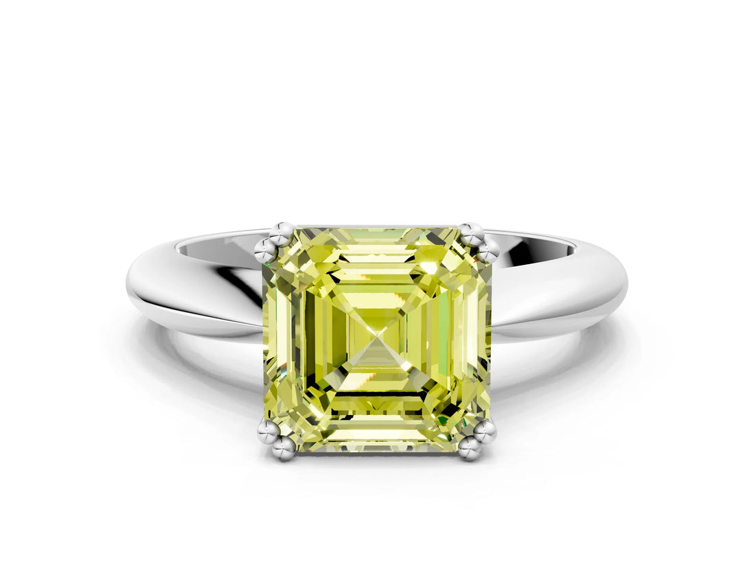 Silver Fancy Yellow Asscher  Cut Solitaire Engagement Ring with Tapered Band and Four-Prong Setting